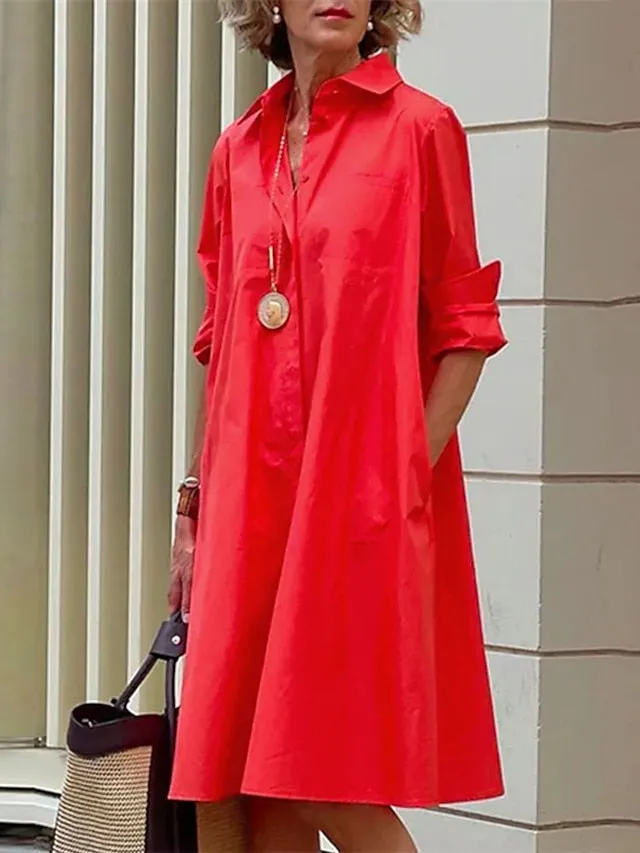 Women's Shirt Dress Casual Dress Shift Dress Midi Dress Outdoor Winter Dress Daily Polyester Elegant Casual Shirt Collar Pocket Rolled Cuff Long Sleeve Summer Winter Fall Spring 2023 Loose Fit Red