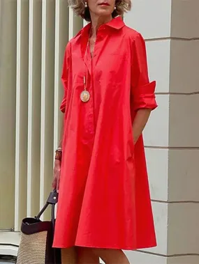 Women's Shirt Dress Casual Dress Shift Dress Midi Dress Outdoor Winter Dress Daily Polyester Elegant Casual Shirt Collar Pocket Rolled Cuff Long Sleeve Summer Winter Fall Spring 2023 Loose Fit Red