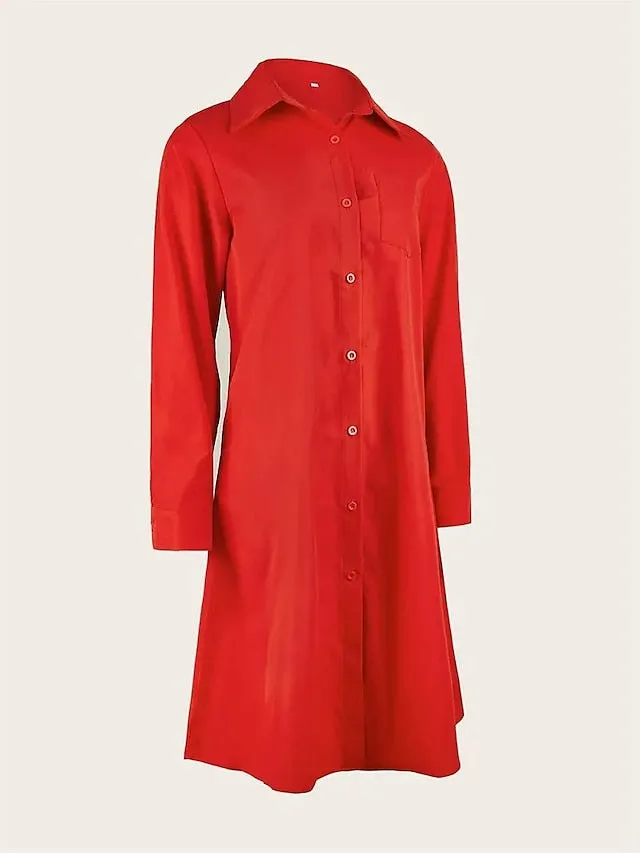 Women's Shirt Dress Casual Dress Shift Dress Midi Dress Outdoor Winter Dress Daily Polyester Elegant Casual Shirt Collar Pocket Rolled Cuff Long Sleeve Summer Winter Fall Spring 2023 Loose Fit Red