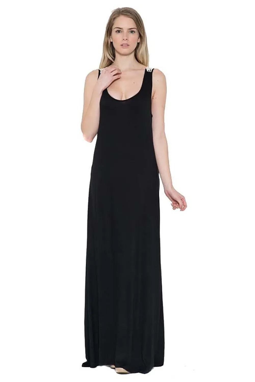 Womens Solid Black Crochet Back Knit Womens Maxi Dress