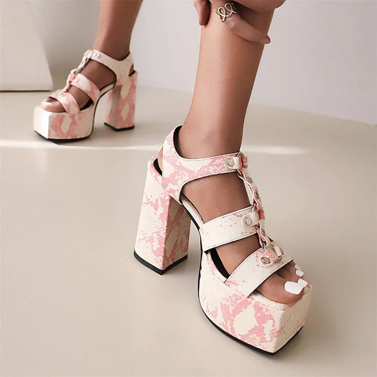 Women's Solid Color Snake Print Thick Sole Block Heel Platform Sandals