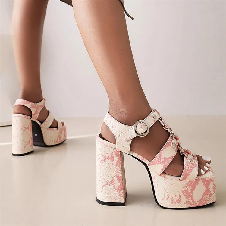 Women's Solid Color Snake Print Thick Sole Block Heel Platform Sandals