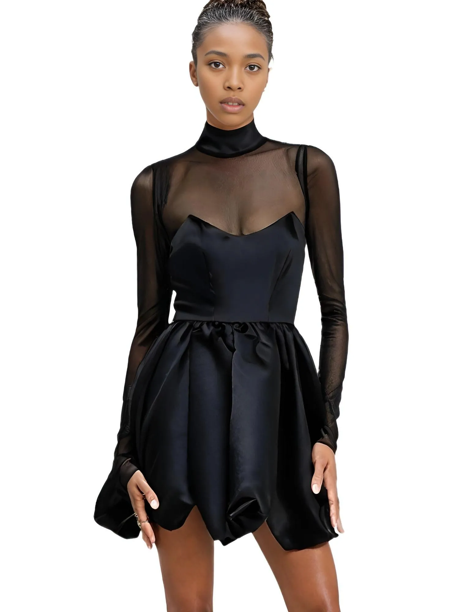 Women's Turtleneck Sexy Sheer Long Sleeve Black Mini Dress See Through High Waist A-line Club Party Dress Elegant