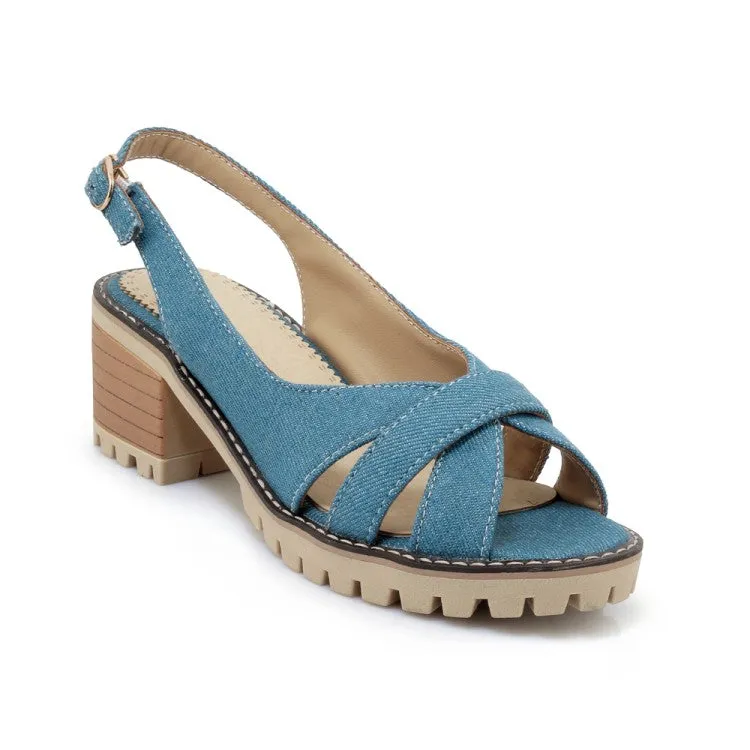 Women's's Denim Chunky Heel Buckle Platform Sandals