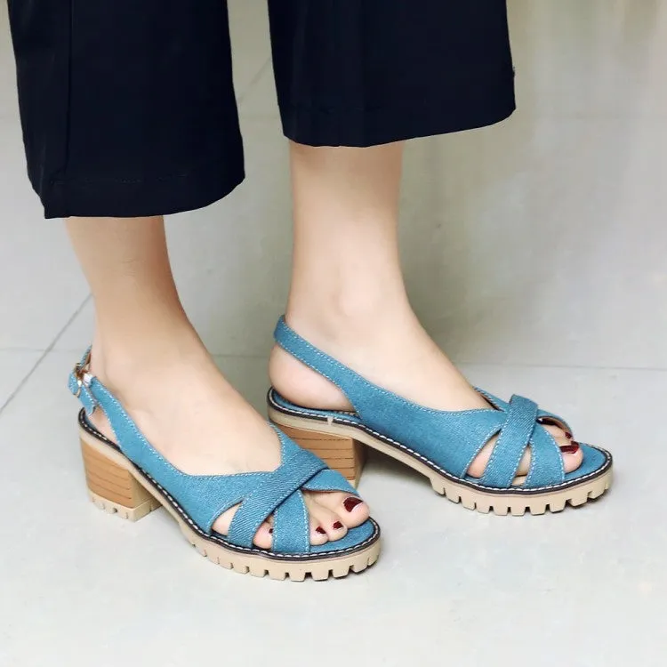 Women's's Denim Chunky Heel Buckle Platform Sandals