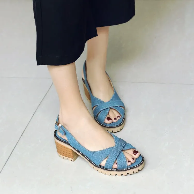 Women's's Denim Chunky Heel Buckle Platform Sandals