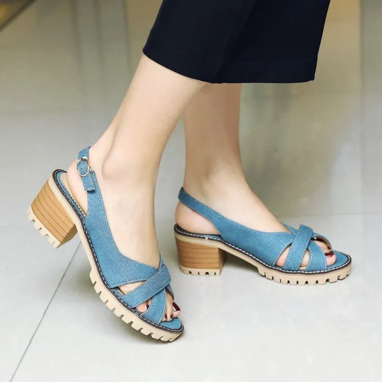 Women's's Denim Chunky Heel Buckle Platform Sandals