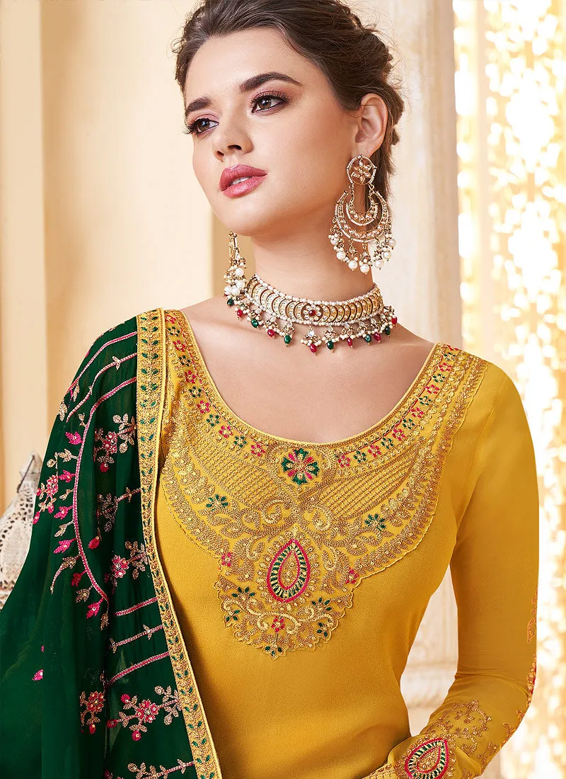 Yellow And Green Embroidered Palazzo Suit