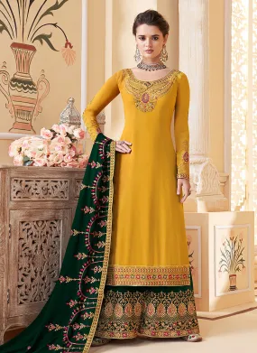 Yellow And Green Embroidered Palazzo Suit